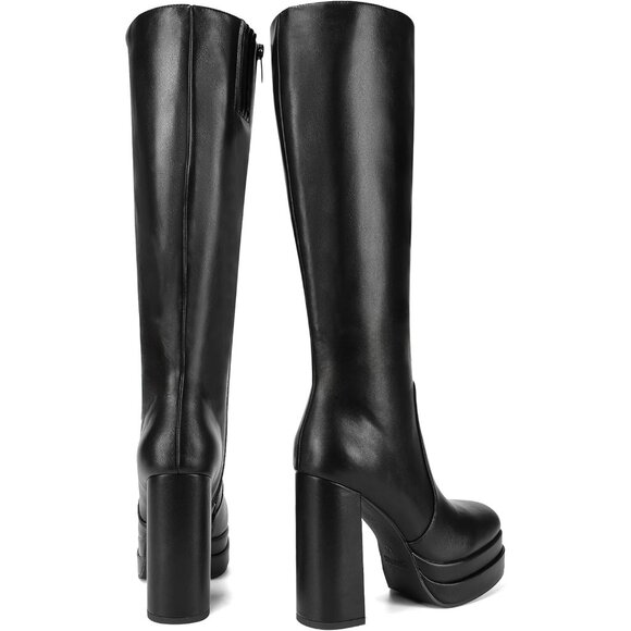 ⚡Women's Black Faux Leather Platform Heeled Knee High Long Chunky Tall Boot - Picture 3 of 7